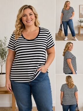Norma kamali Cotton Basic Black White Stripe Short Sleeve T Shirt Womens SZ XXL